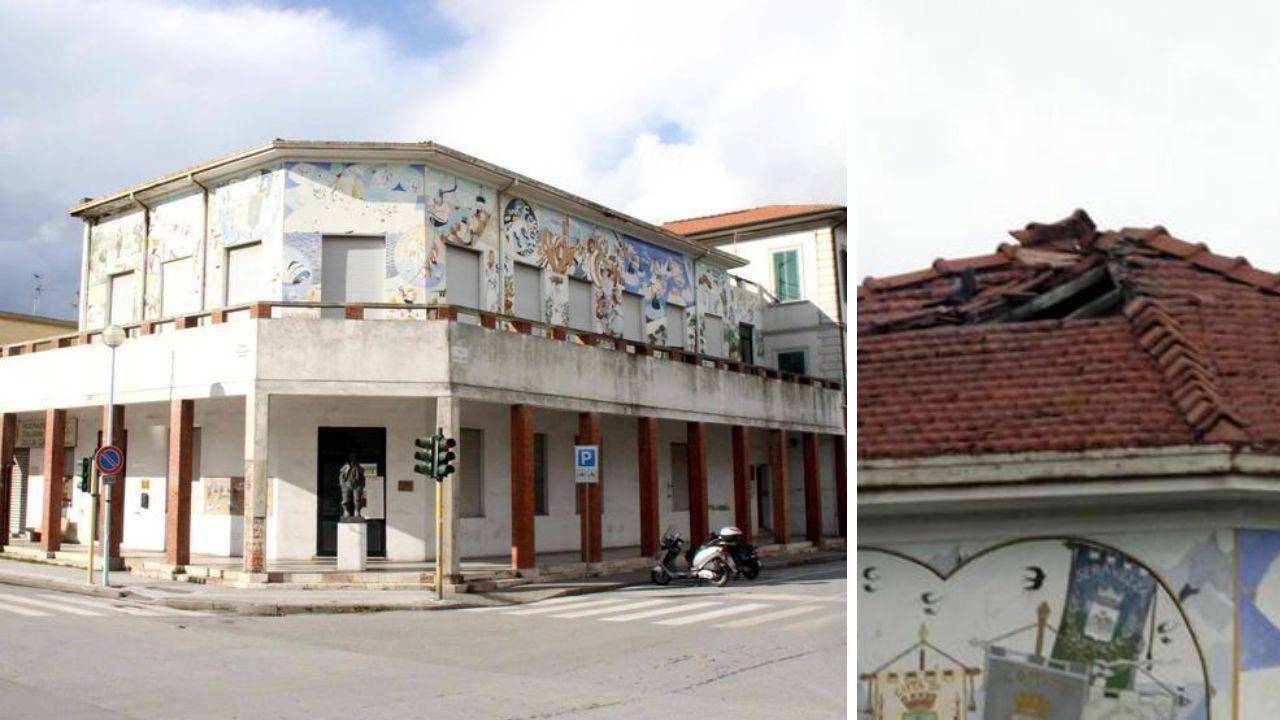 
	Un esterno dell'ex Arengo e il dettaglio del tetto degradato

