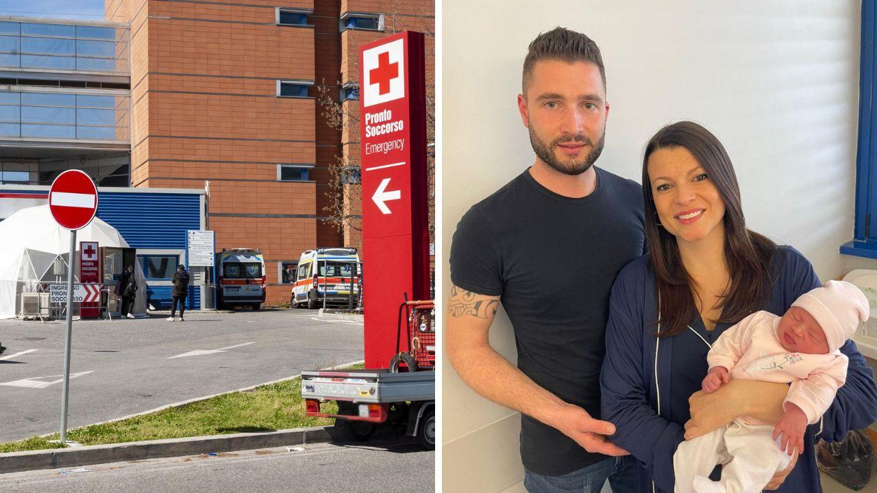 
	L'ingresso del pronto soccorso dell'ospedale Versilia e la coppia con la piccola Ester

