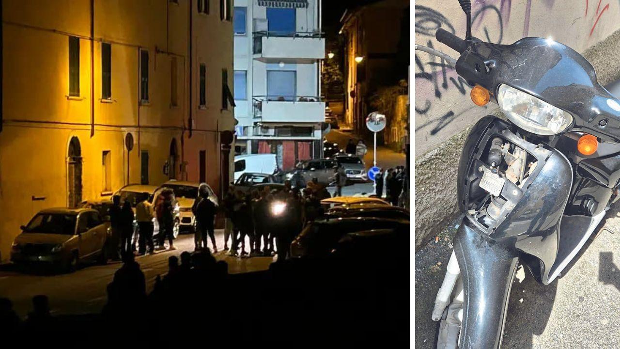 
	A sx&nbsp;un momento della rissa che ha preceduto quella pi&ugrave; imponente del sabato, a fianco&nbsp;uno scooter danneggiato nella notte

