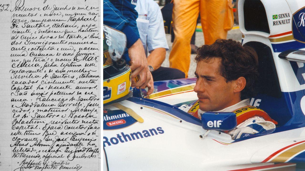 
	Ayrton Senna,&nbsp;a sinistra&nbsp;l&rsquo;atto di nascita della sua nonna materna, Marcellina Di Santoro, classe 1909


