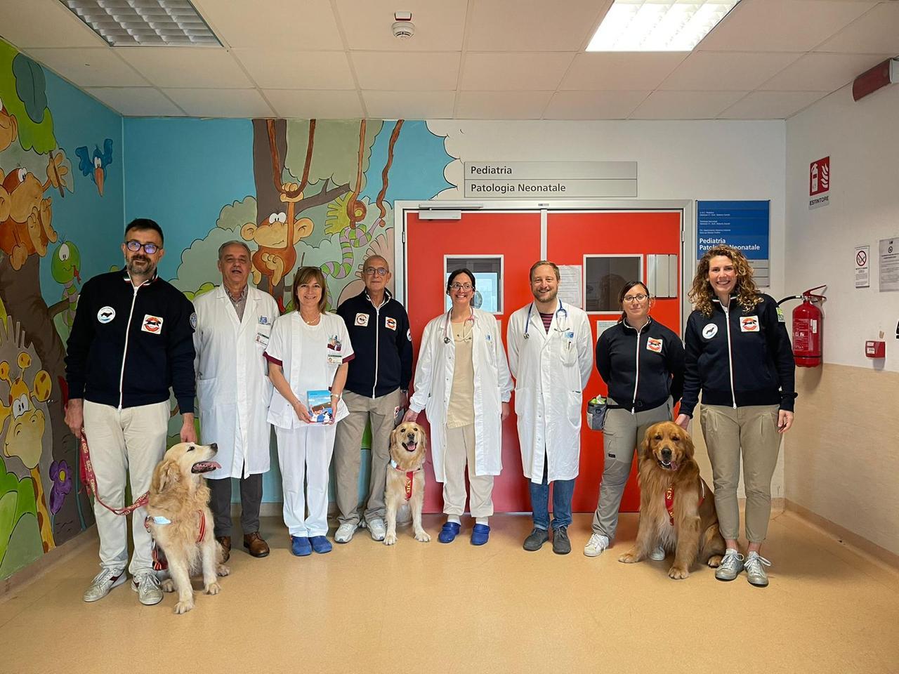 Livorno, i cani-bagnino in visita nel reparto di pediatria dell’ospedale: «Primo passo verso la pet therapy»