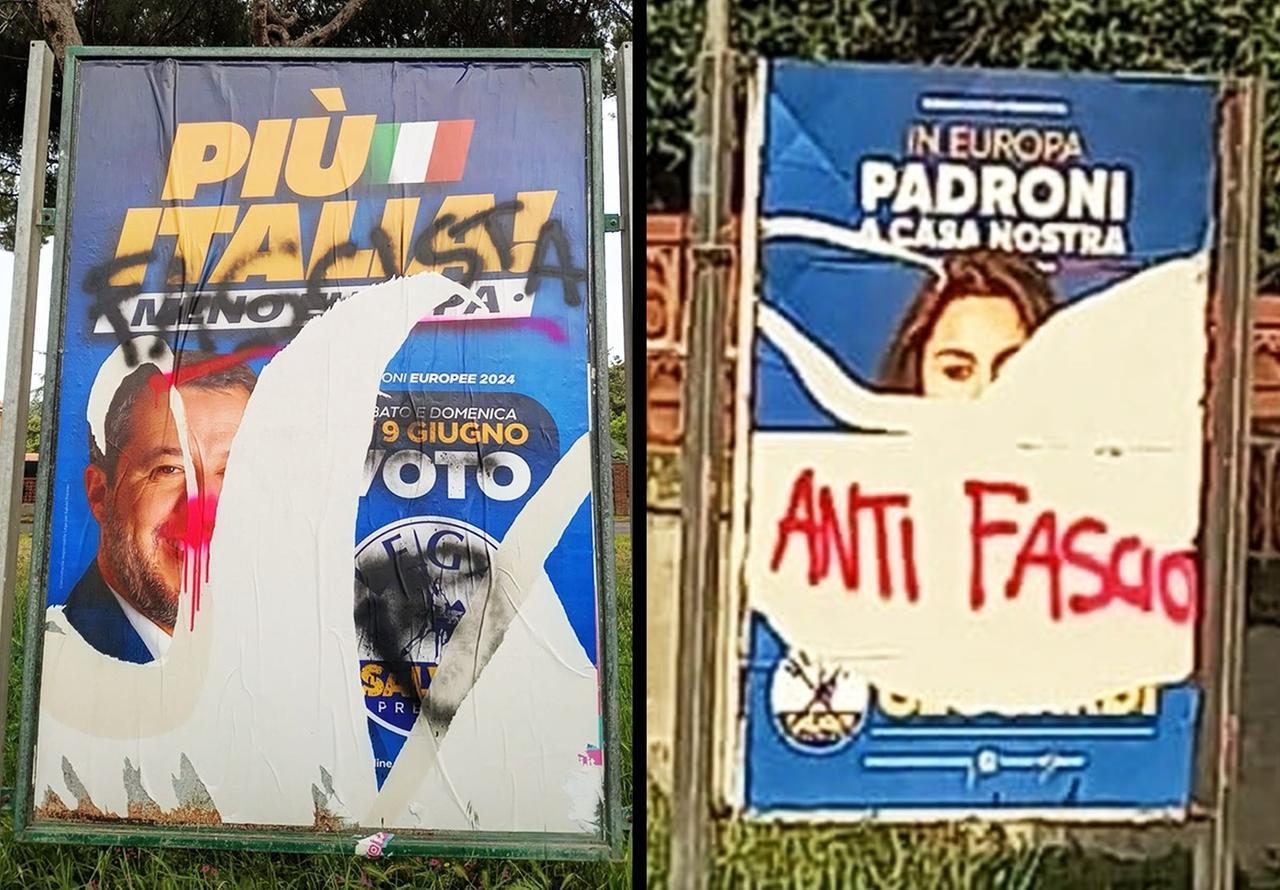 
	I due manifesti imbrattati a Rosignano pubblicati sui social da Matteo Salvini

