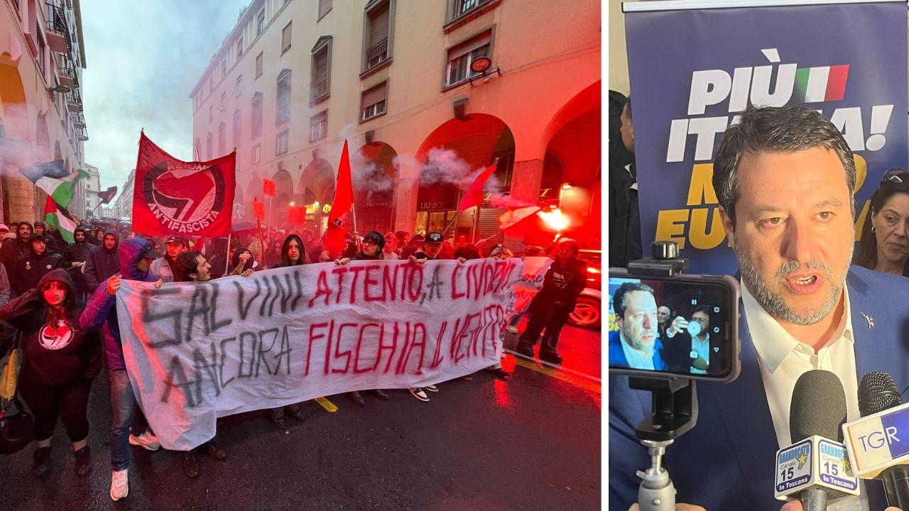 
	Il corteo dei manifestanti a Livorno e Matteo Salvini

