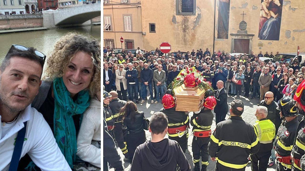 
	A sinistra Samuele e la moglie Stefania, a destra l'uscita del feretro dalla cattedrale (Foto Paolo Nucci)

