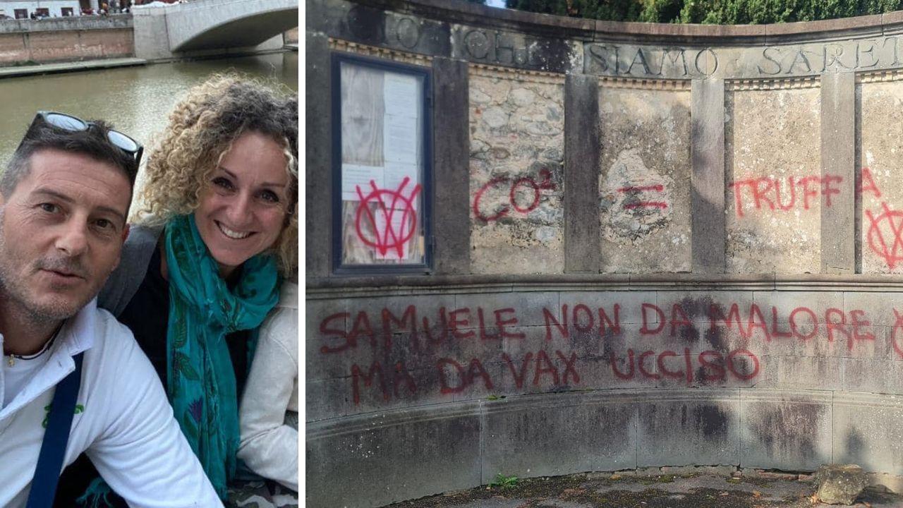 
	Samuele e la moglie. A destra la scritta al cimitero

