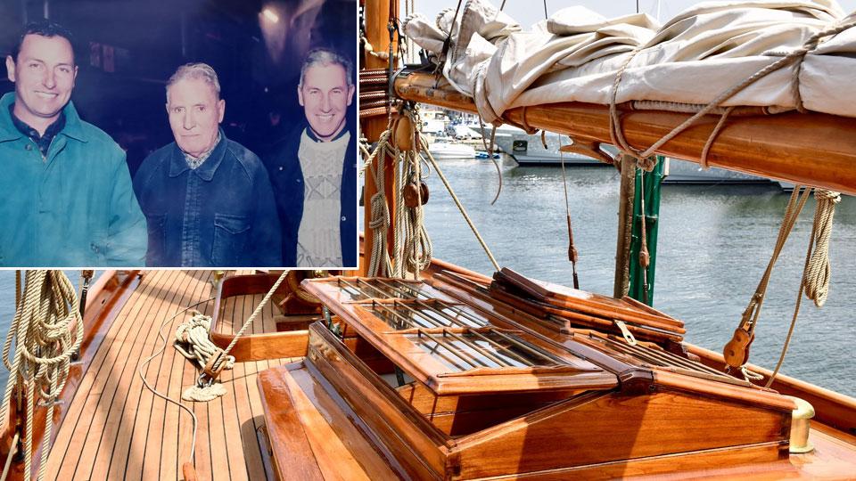 
	Una barca d'epoca restaurata dal cantiere Del Carlo. In alto a sinistra: Guido Del Carlo col fratello Marco e il padre Francesco

