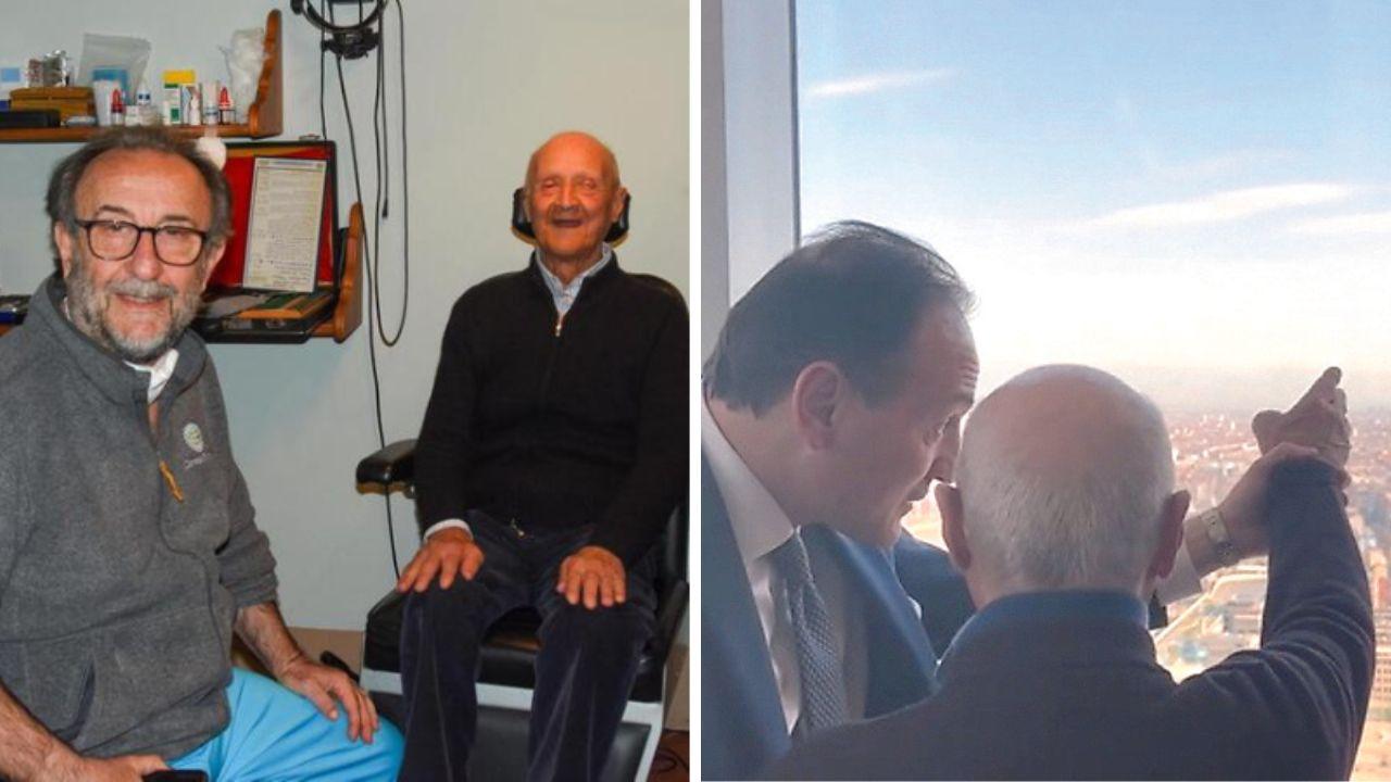 A sinistra il pensionato insieme all'oculista toscano; a destra mentre si gode la sua città dall'alto