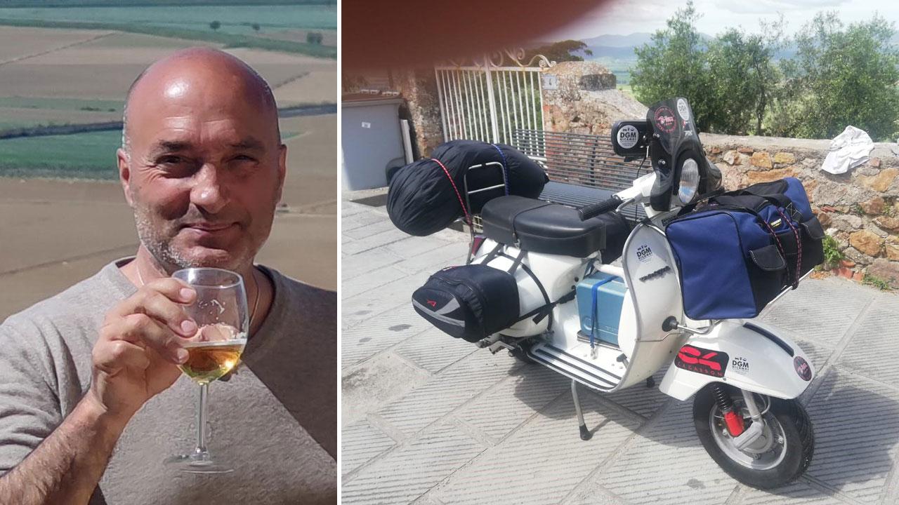 Davide Cannetti  e la Vespa con cui il 60enne si cimenterà nell’impresa