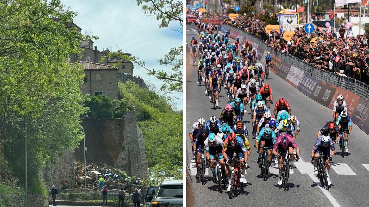 
	Le mura crollate e i ciclisti impegnati nel Giro d'Italia


