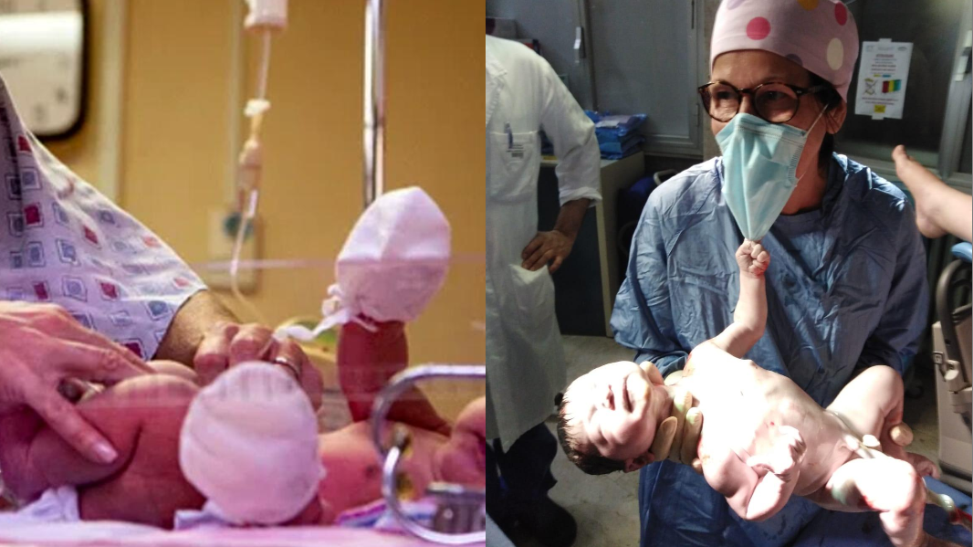 
	A destra l&#39;ostetrica Gianfranca Fiori con il piccolo Mattia nato il 7 maggio 2020, simbolo della pandemia

