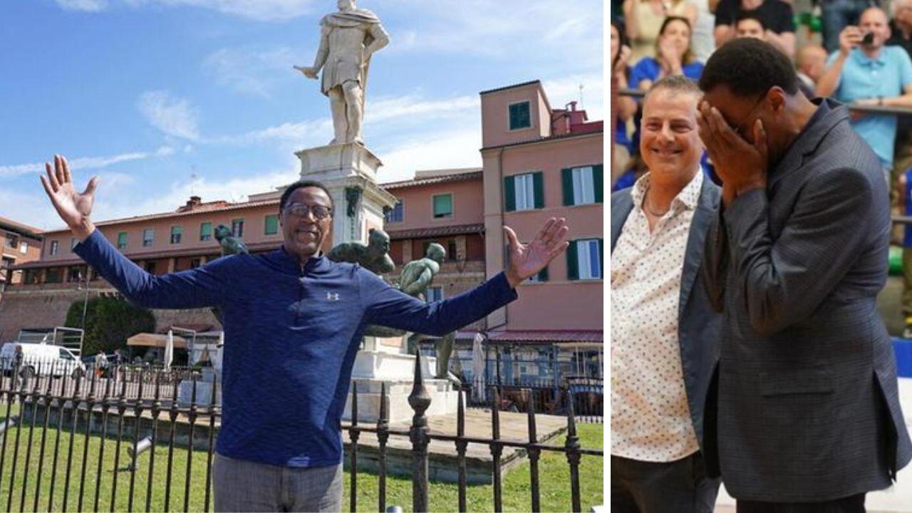 Raf Addison sotto ai Quattro Mori e a destra in lacrime nel ritorno al palazzetto (Foto di Franco Silvi)