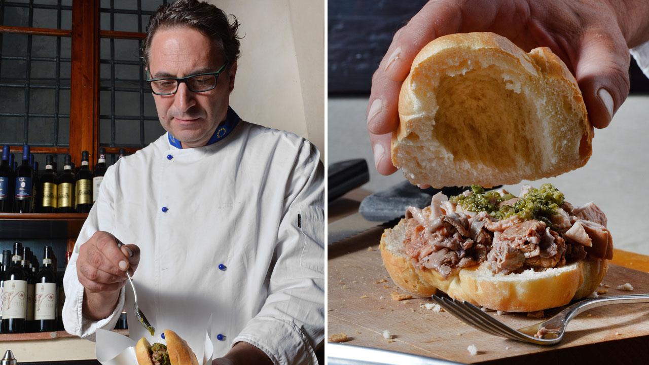 
	Luca Cai mentre prepara uno dei suoi famosi panini con il lampredotto (a destra il panino farcito)

