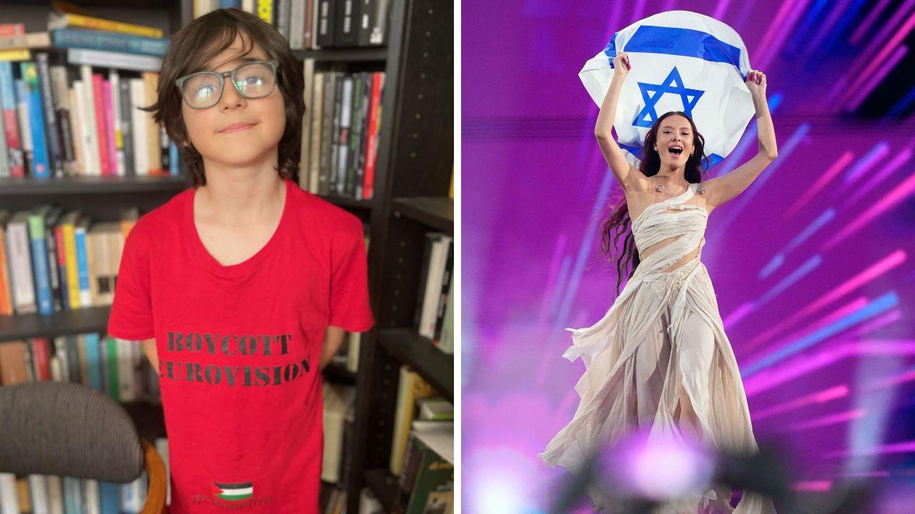 Leonardo La Bruna con la maglia indossata a scuola in una foto concessa dalla famiglia. A destra la cantante Eden Golan con la bandiera di Israele