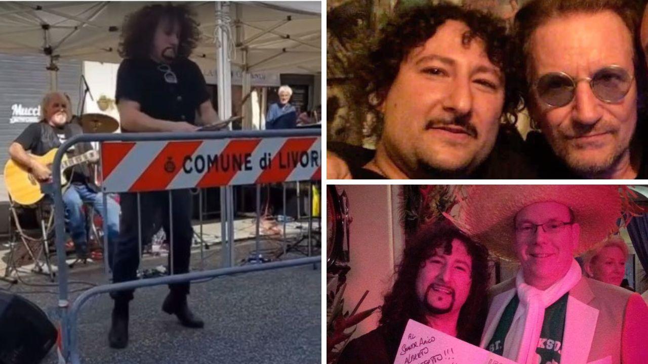 
	A sinistra Leandro Bartorelli mentre suona la transenna; a destra con Bono Vox e il Principe Alberto di Monaco&nbsp;

