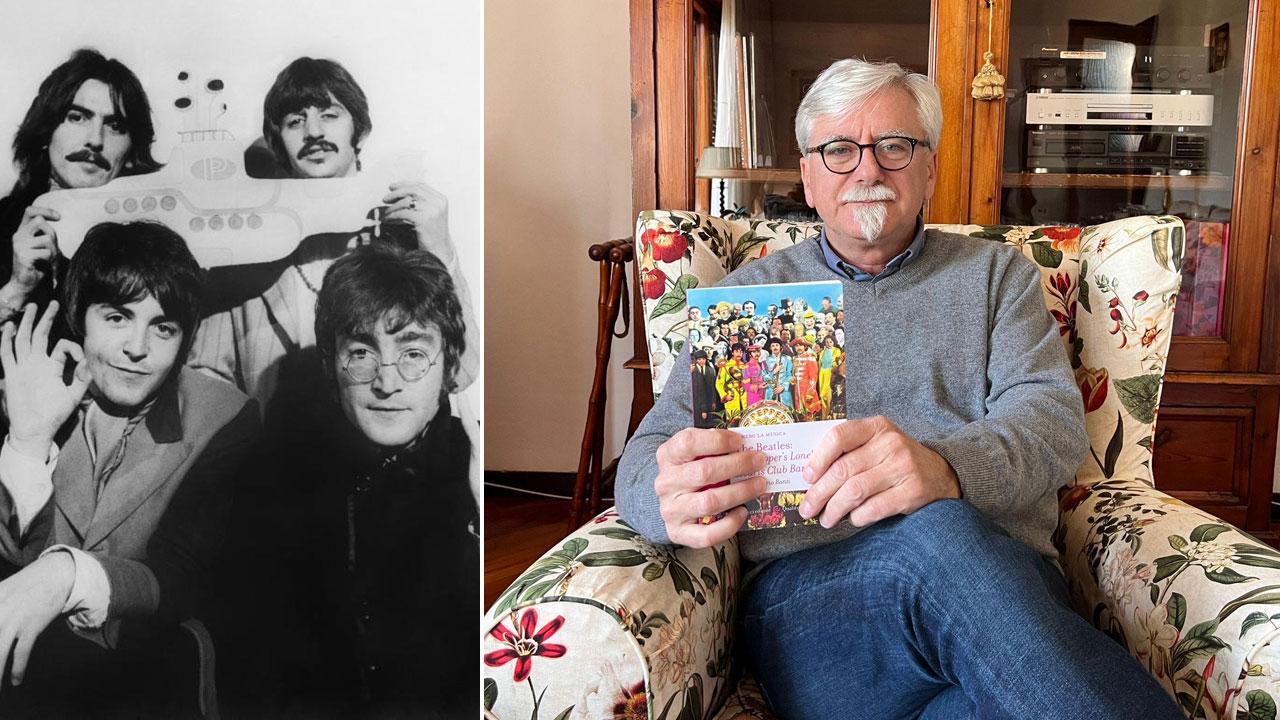 Una storica foto dei Beatles e il professor Alberto Mario Banti con il suo libro dedicato ai Beatles