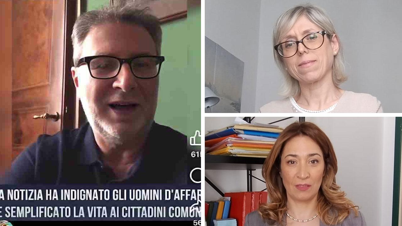 Un fermo immagine del falso video di Fabio Fazio che circolava qualche tempo fa e Emanuela Raponi e Francesca Frosini avvocate