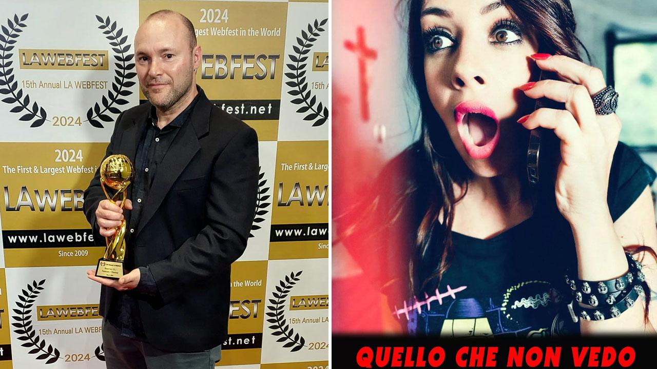 
	Leonardo Barone premiato a Los Angeles e a destra una scena del corto con l&rsquo;attrice Ilaria Monfardini

