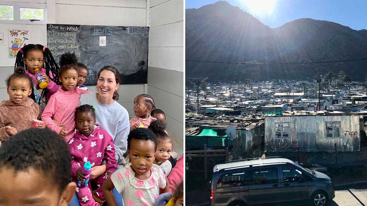 Margherita Cagliata 26 anni con i bambini dell’asilo in cui fa la volontaria in Sud Africa e a baraccopoli alle porte della lussuosa zona delle Winelands alle porte di Città del Capo