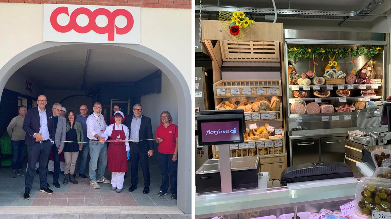 
	A sinistra il taglio del nastro al punto vendita Coop all&rsquo;Orizzonte e a destra il banco dei generi alimentari

