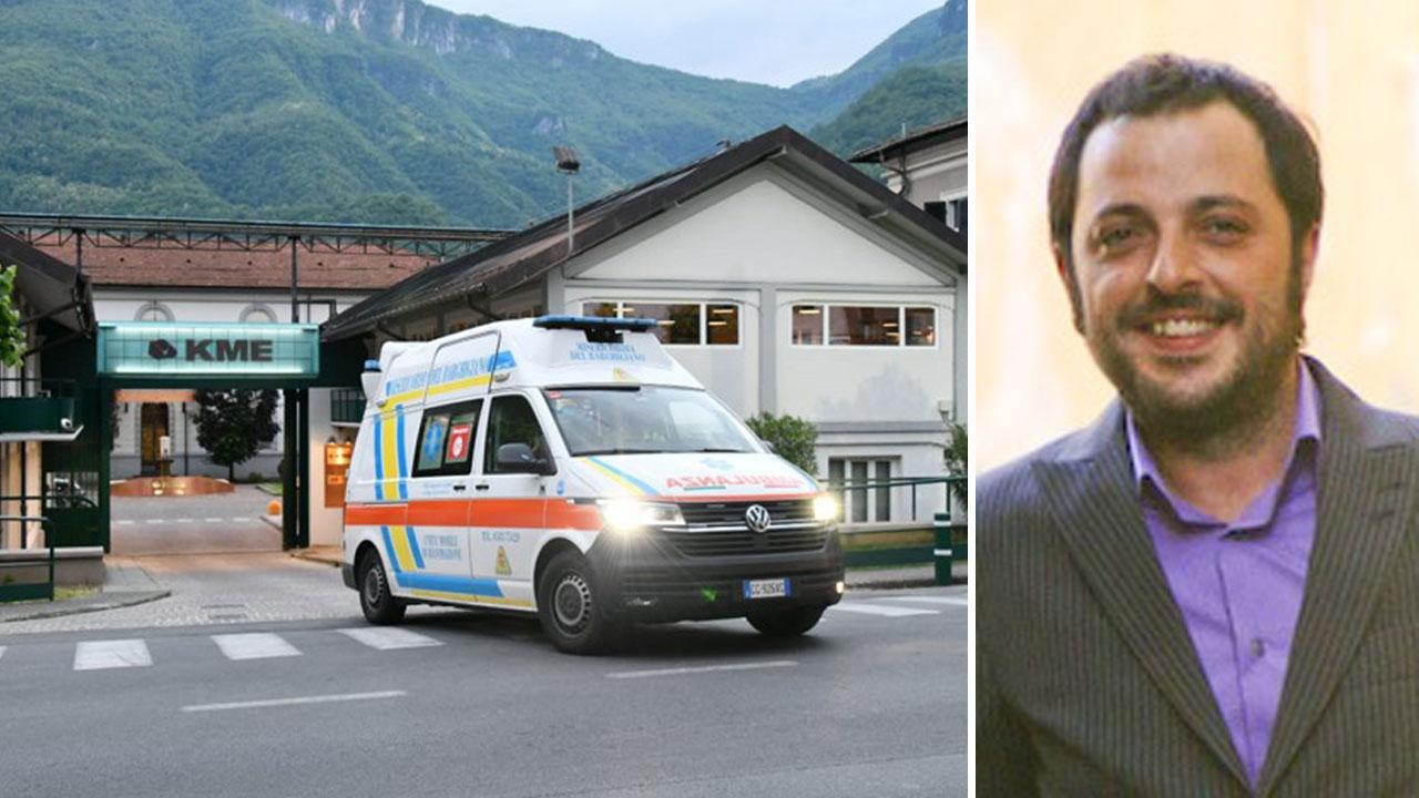 L’ambulanza che esce dallo stabilimento Kme di Fornaci. A fianco una foto di Nicola Corti