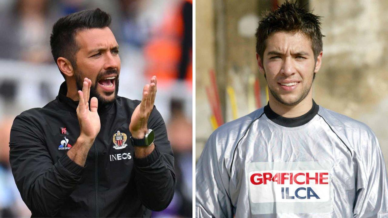 Francesco Farioli sulla panchina del Nizza e nel 2007 con la maglia del Fucecchio 