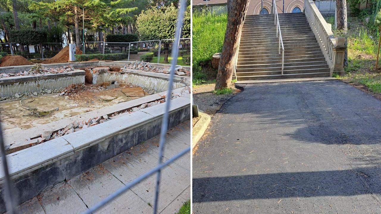 Il cantiere per la fontana e a seguire un tratto dei viali interessati dalla posa di asfalto ecologico
