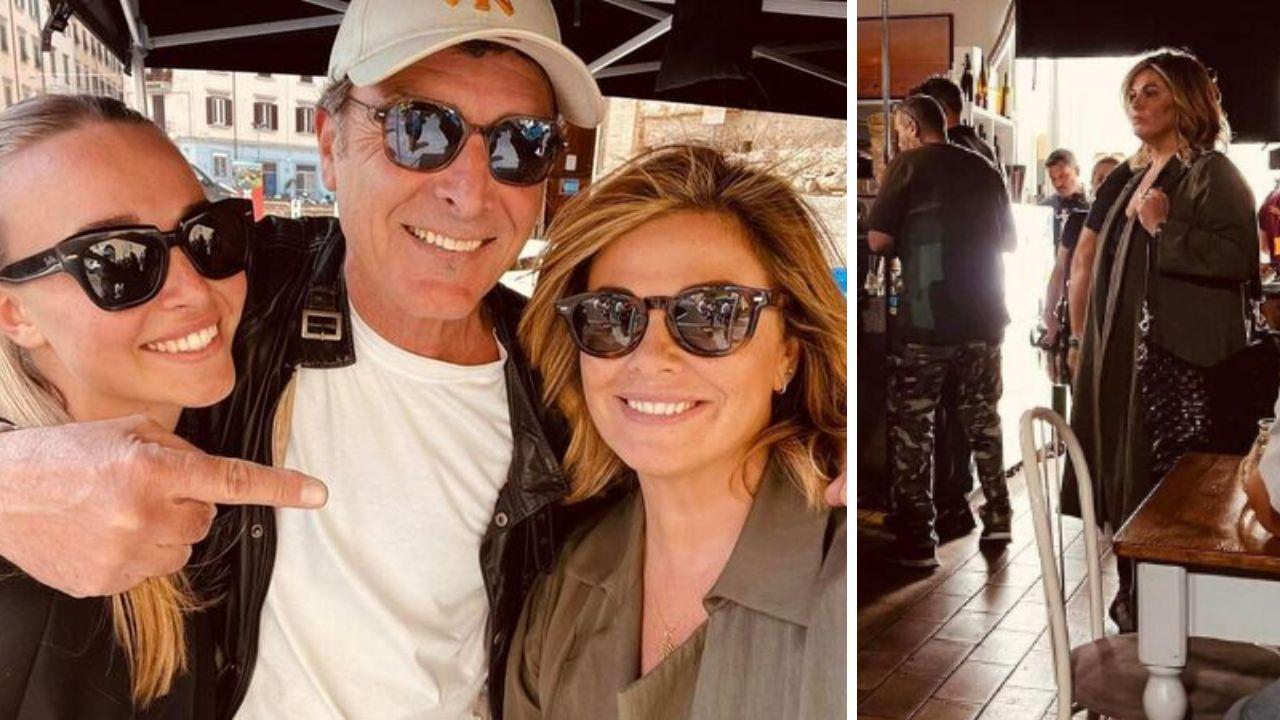 A sinistra Vanessa Incontrada con Dario Spagnoli e la figlia Alice in Venezia; a destra il set allestito nel locale
