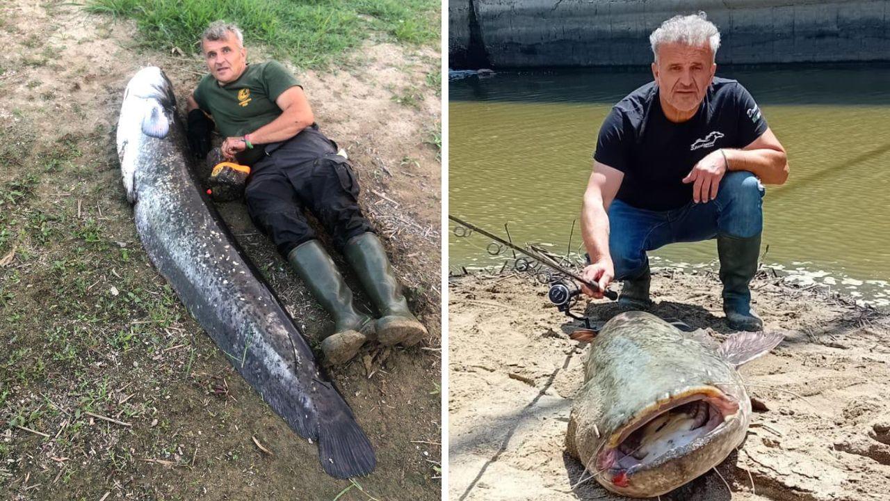 Patrizio insieme al pesce da record pescato in Arno
