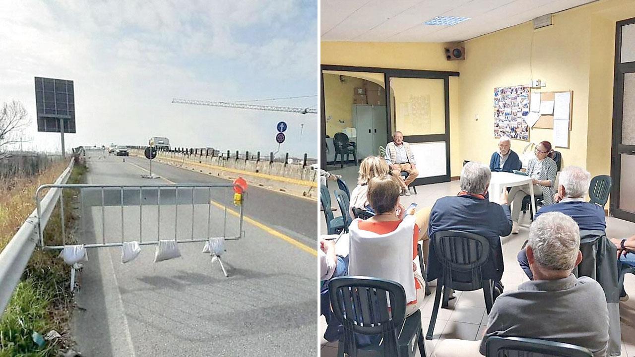 Nelle foto il viadotto della Tangenziale est e un momento della riunione dei comitati