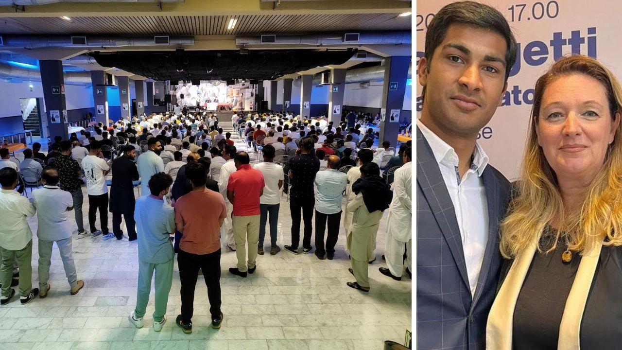 Muhammad Umar Iqbal insieme alla candidata sindaca del centrosinistra Ilaria Bugetti e la sala a lato