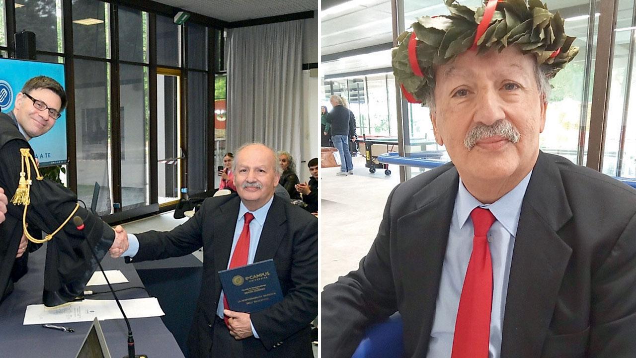 Il momento della laurea lo scorso 15 maggio e l’ex tenente colonnello con la corona d’alloro