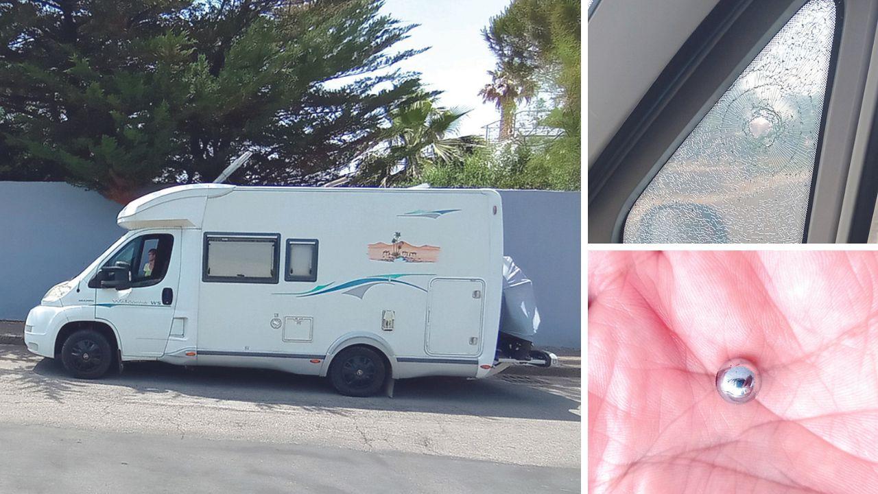 Il camper di Roberto Gottardi, a destra il finestrino in frantumi e sotto il proiettile d’acciaio ritrovato dal proprietario