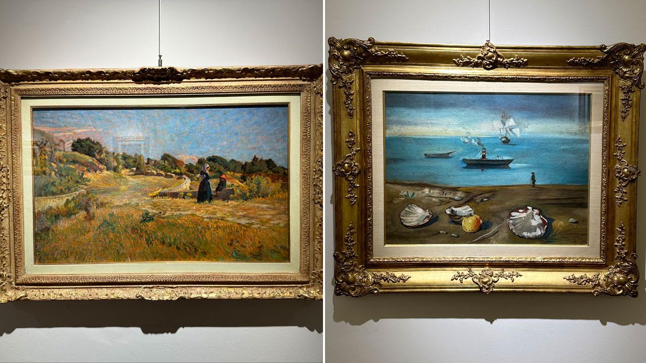 
	A sinistra l&rsquo;opera del livornese Mario Puccini &ldquo;Paesaggio con figure&rdquo; e a destra il dipinto di Filippo De Pisis &ldquo;Marina con conchiglie&rdquo;

