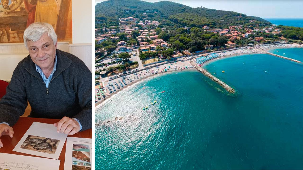 Il sindaco di Rio Marco Corsini e una veduta dall'alto della spiaggia di Cavo