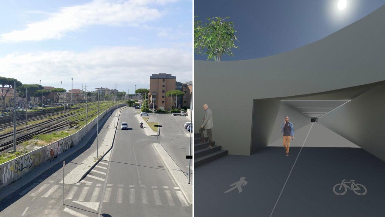 Il parcheggio dell’area Pam (a destra) e l’inizio di via San Francesco (a sinistra) dove sbucherà il sottopasso e accanto una simulazione al computer del progetto preliminare Mover