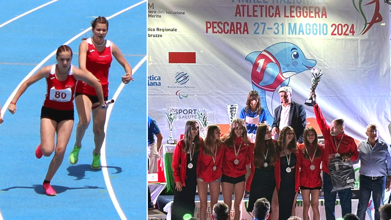 Un momento della staffetta con due alunne dell’istituto piombinese e, a destra, la cerimonia di premiazione con la squadra del Carducci-Volta-Pacinotti