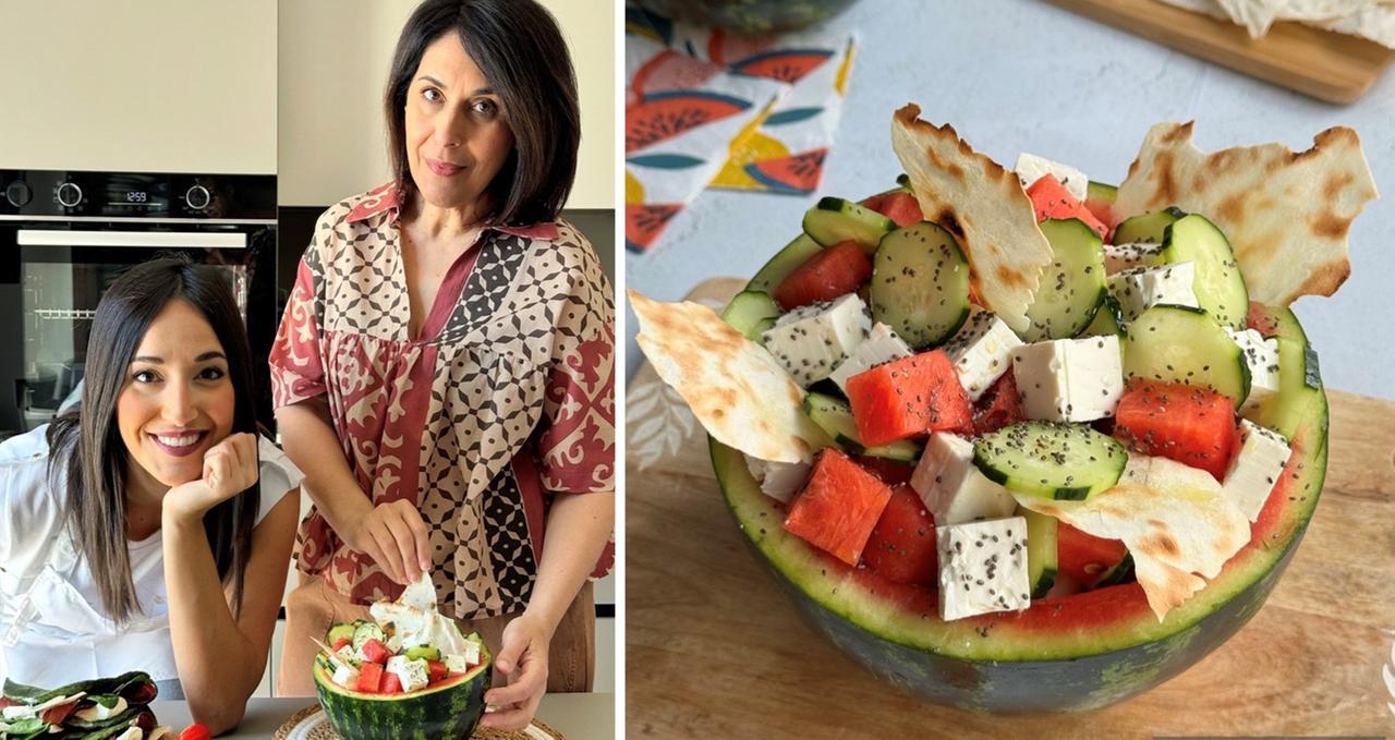 
	Alessia Lupo e mamma Paola e l'insalata anguria, feta e pane carasau

