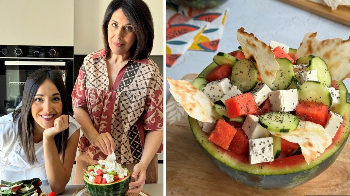 Alessia Lupo e mamma Paola e l'insalata anguria, feta e pane carasau