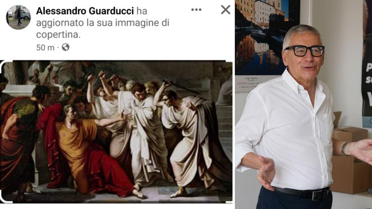 A sinistra l’immagine del profilo pubblicata ieri da Alessandro Guarducci sul proprio profilo social raffigurante La Morte di Giulio Cesare, simbolo di tradimento e il candidato del centrodestra
