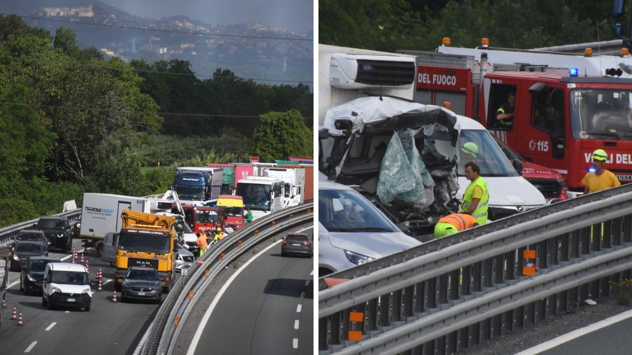 L'autostrada bloccata e a destra l'incidente sull'A12 