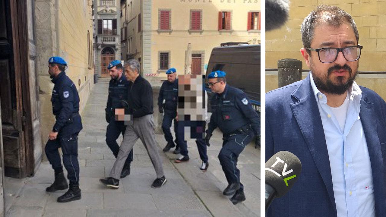 Patrizio Ruscio all’arrivo in tribunale il giorno dell’udienza preliminare a Pistoia e l’avvocato difensore Francesco Stefani