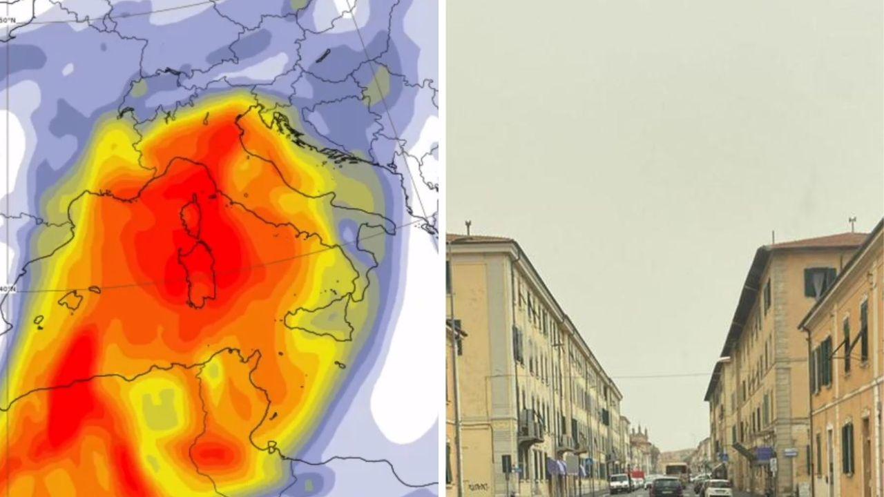 
	A sinistra la mappa che indica l'ondata calda in Toscana; a destra il cielo giallo

