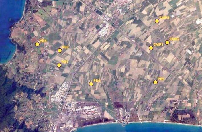 La mappa in cui la società San Nicola Energia Srl ha evidenziato la distribuzione sul territorio di Piombino e Campiglia di 8 mega torri eoliche