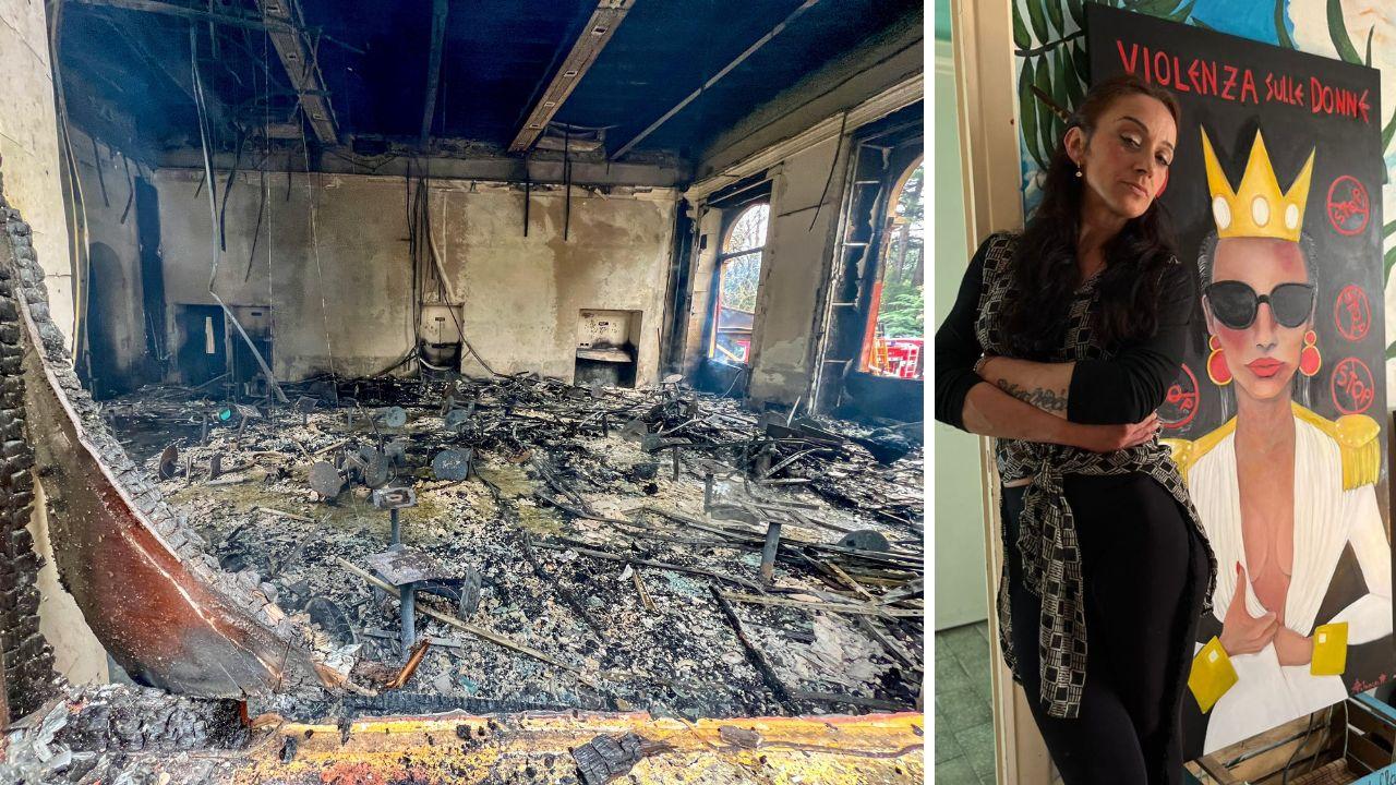
	Il Principe distrutto dall'incendio e la pittrice Sara Gori (foto Nucci)

