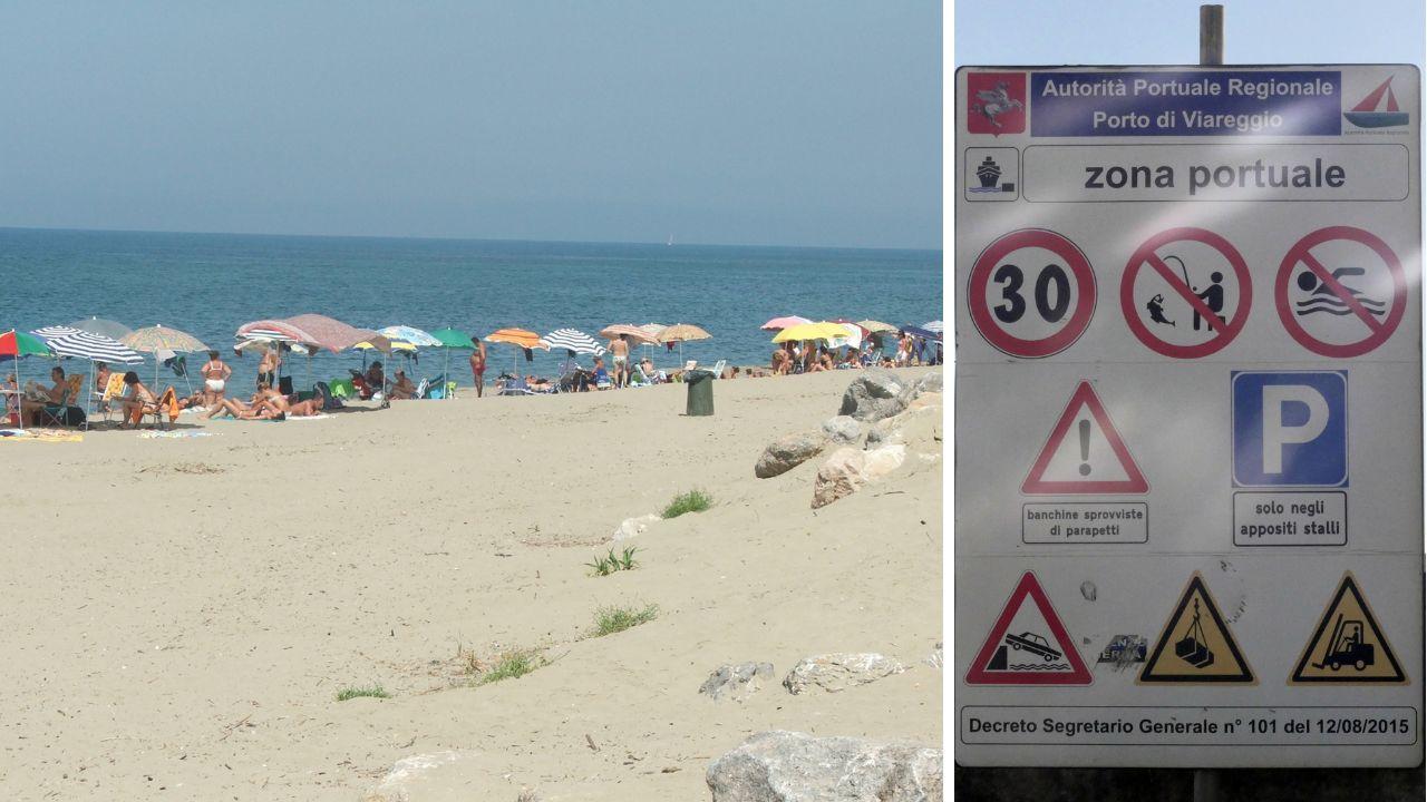 La spiaggia del Moletto e il cartello con i divieti