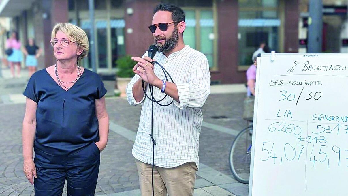 Nella foto Lia Burgalassi e Domenico Di Pietro di fronte alla sede del comitato elettorale sottolineano la vittoria