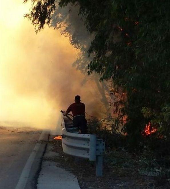 Traffico il tilt per un incendio di sterpaglie a bordo strada