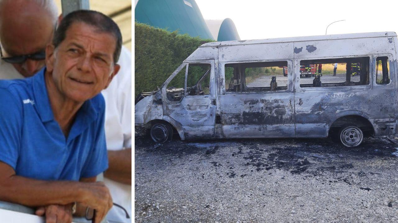 
	Il presidente Claudio De Angeli e il pulmino distrutto dalle fiamme

