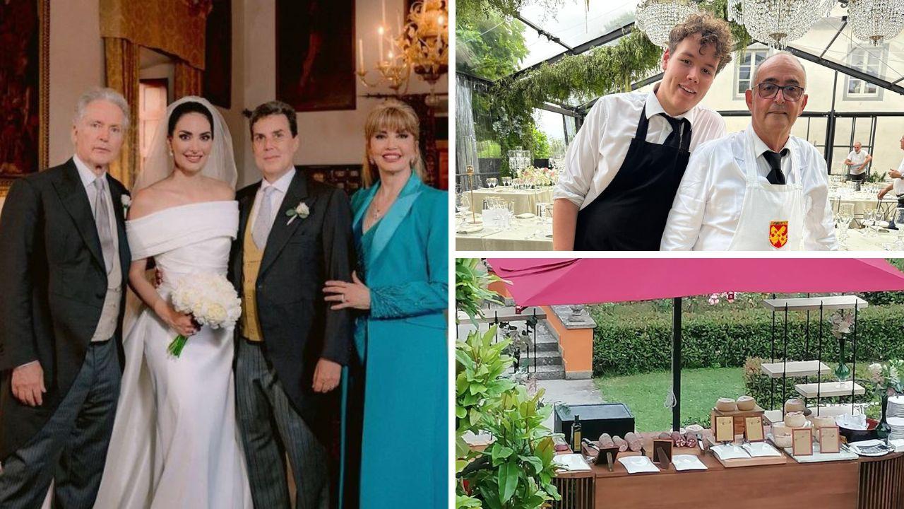 
	Milly Carlucci insieme agli sposi, a destra Giacomo Ferretti e un membro del catering, sotto lo stan del Maialetto al matrimonio

