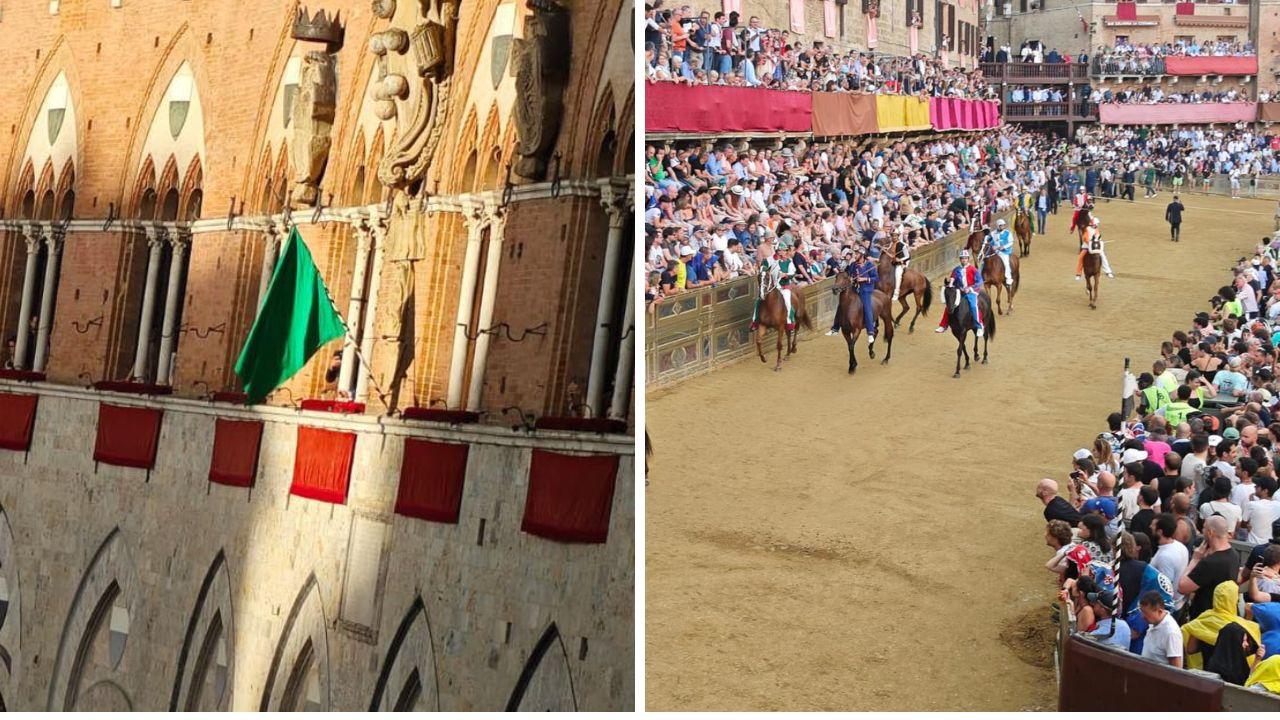 
	La bandiera verde e gli attimi prima del rinvio in piazza del Campo

